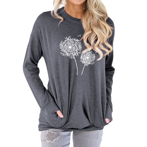 TWZH Women Dandelion Print Crew Neck Pocket Long Sleeves Pullover Sweatshirt Tops