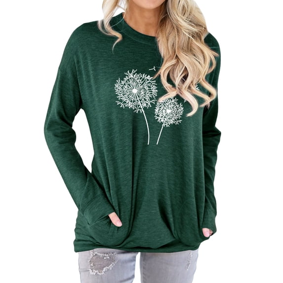 TWZH Women Dandelion Print Crew Neck Pocket Long Sleeves Pullover Sweatshirt Tops