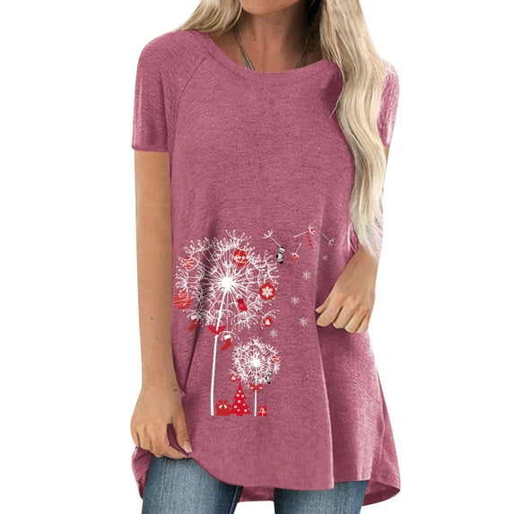 TWZH Women Dandelion Print Crew Neck Short Sleeve Christmas Style T-Shirt