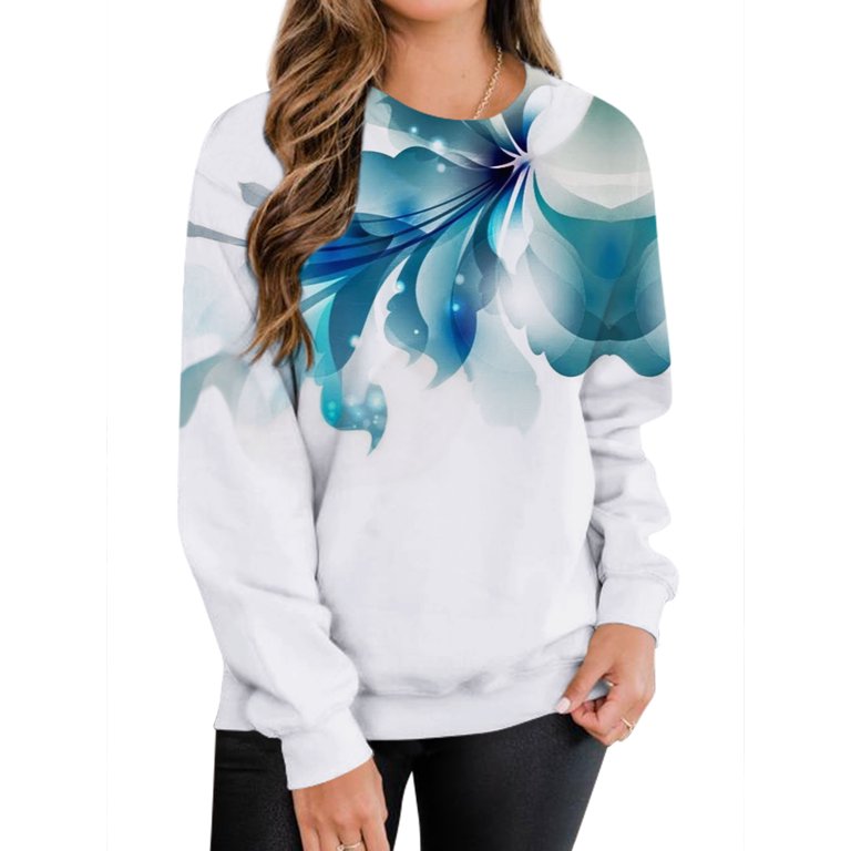 TWZH Women Dip-Dye Plant 3D Print Crew Neck Long Sleeve Pullover 