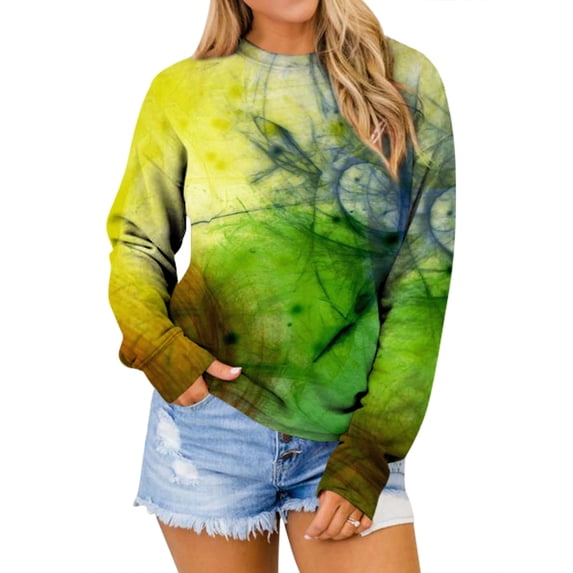 TWZH Women Dip-Dye Print Long Sleeve Round Neck Top