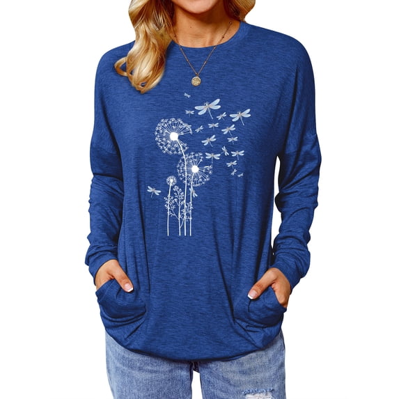 TWZH Women Dragonfly Dandelion Print Pockets Crew Neck Long Sleeve Top