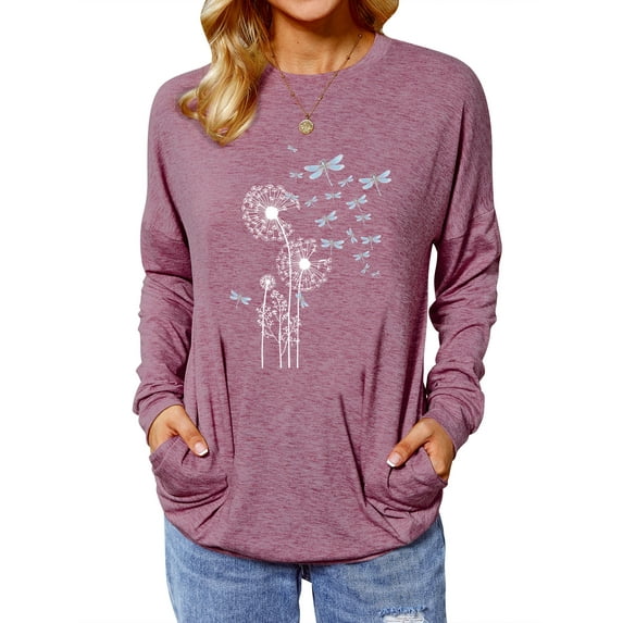TWZH Women Dragonfly Dandelion Print Pockets Crew Neck Long Sleeve Top