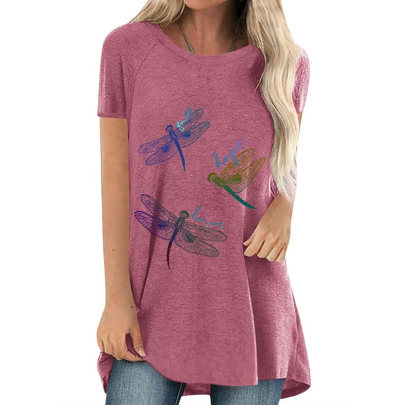 TWZH Women Dragonfly Print Crew Neck High Low Hem Short Sleeve T-Shirt