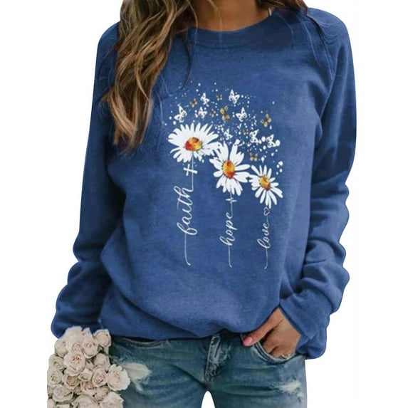 TWZH Women Faith Hope Love Daisy Print Crew Neck Shirt