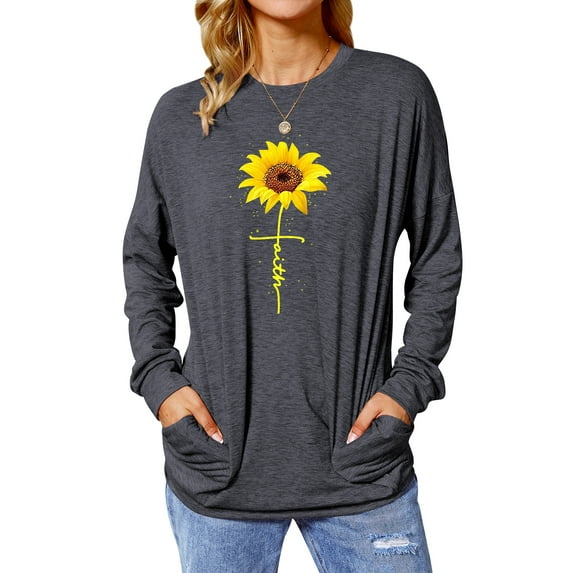 TWZH Women Faith Sunflower Print Long Sleeve Crew Neck Pocket Shirt Tops