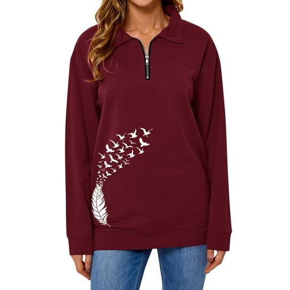 TWZH Women Feather Birds Print Zipper Lapel Collar Sweatshirt