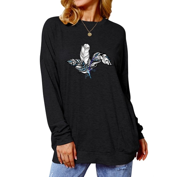 TWZH Women Feather Print Crew Neck Long Sleeve T-Shirt with Pockets