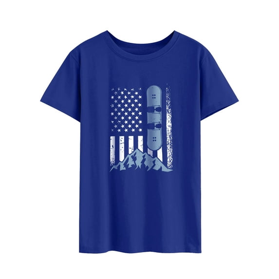 TWZH Women Flag Print Round Neck Short Sleeve Solid T-Shirt