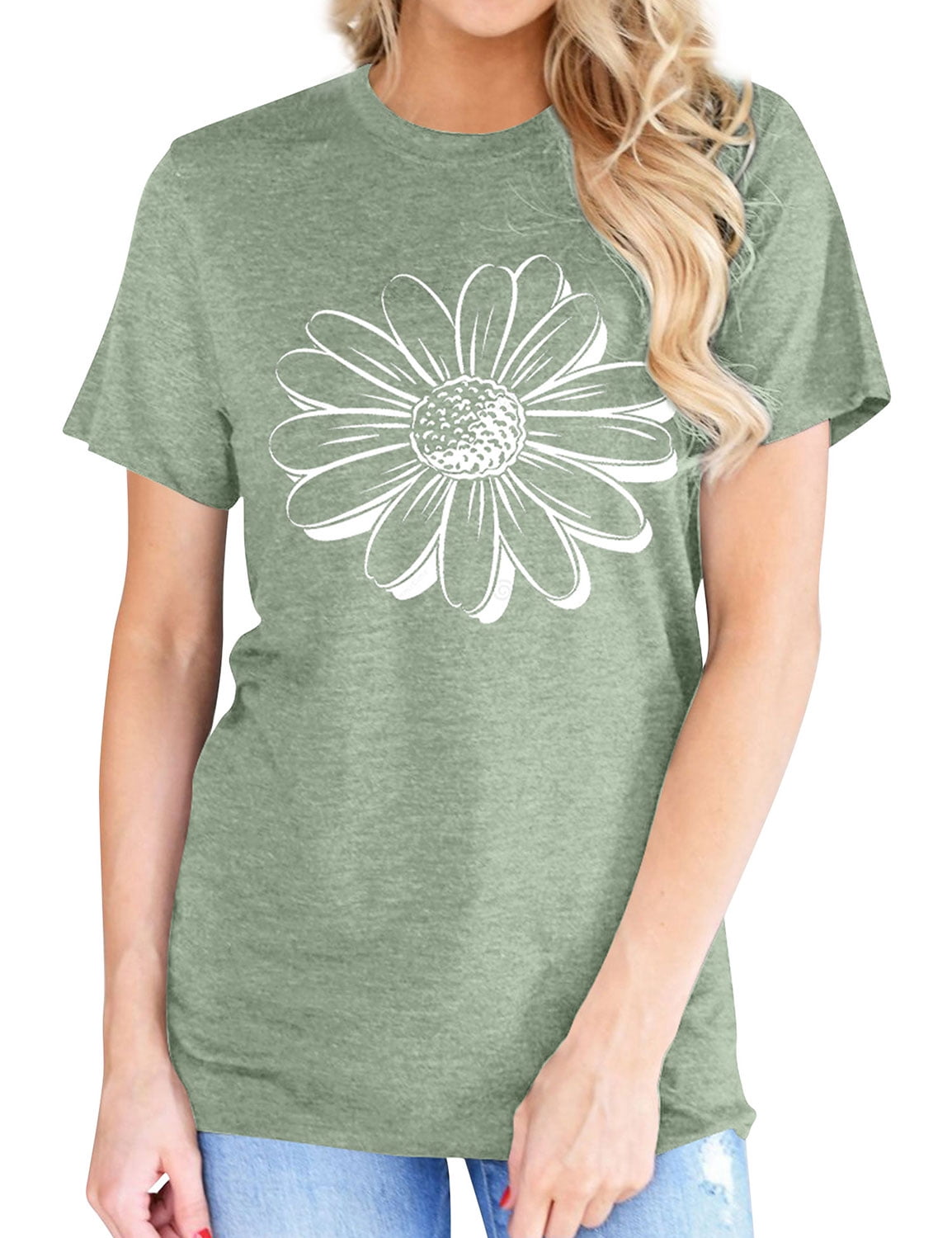 TWZH Women Flower Graphic Printed Crew Neck Short Sleeve