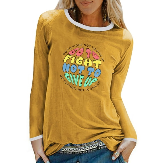 TWZH Women Go To Fight Letter Print Colorblock Crew Neck Long Sleeve Shirt