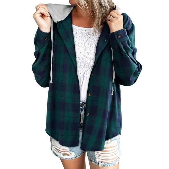 TWZH Women Green Plaid Print Buttons Long Sleeve Hooded Top