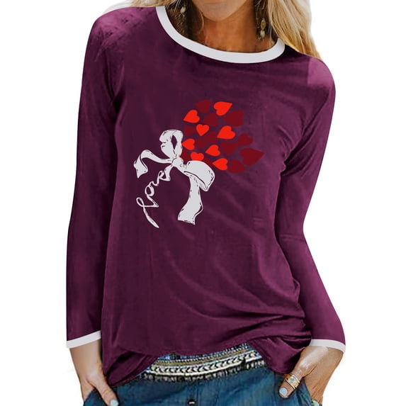 TWZH Women Heart Graphic Print Round Neck Long Sleeve Plain Shirt