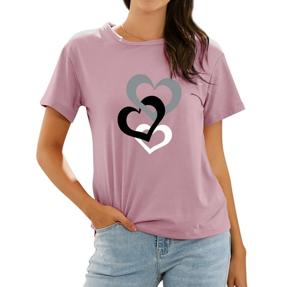 TWZH Women Heart Print Crew Neck Simple Short Sleeve Bottoming T-Shirt Tops