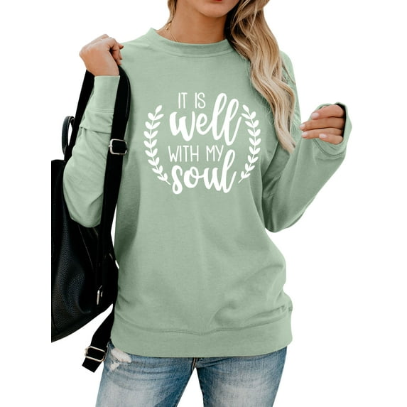 TWZH Women It Is Well With My Soul Olive Leaf Letter Graphic Sweatshirt Tops