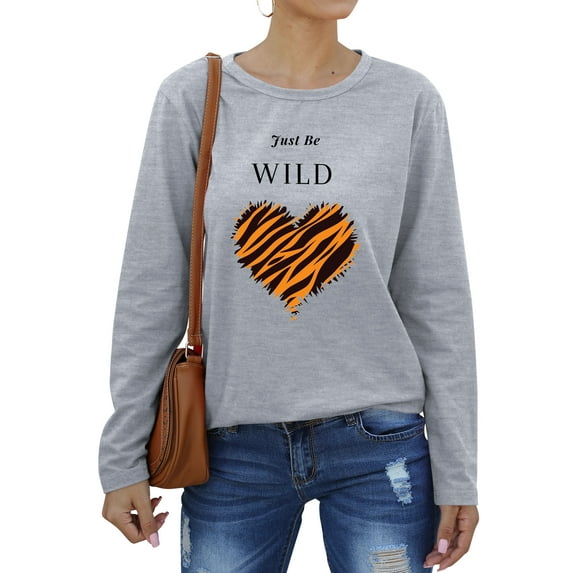 TWZH Women Just Be Wild Blouse Tops Tiger Stripes Pattern Heart Printed Tees