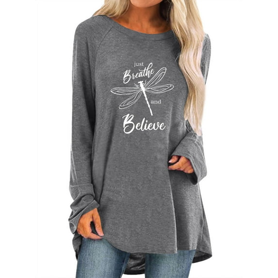 TWZH Women Just Breathe and Believe Dragonfly Print O Neck Blouse Tunics Tops