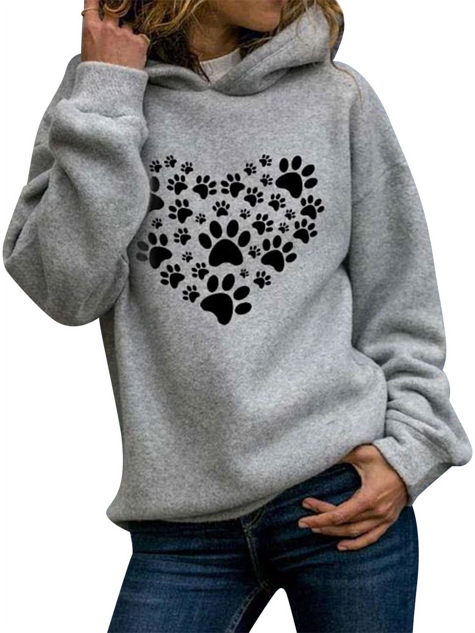 TWZH Women Long Sleeve Heart Graphic Dog's Paw Print Hoodie Sweatshirt Tops  