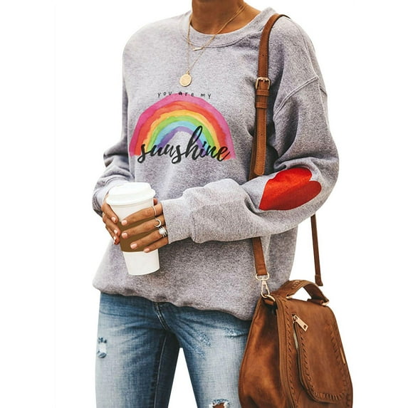 TWZH Women Long Sleeve You Are My Sunshine Rainbow Heart Sweatshirt Tops