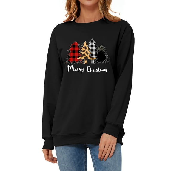 TWZH Women Merry Christmas Plaid Crew Neck Solid Sweatshirt Top