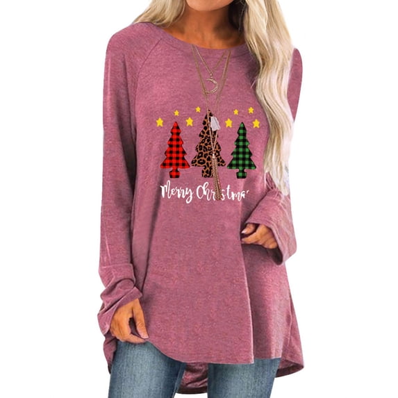 TWZH Women Merry Christmas Red Plaid Leopard Tree Print Long Sleeve Tunic Top