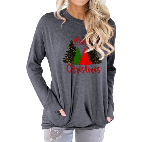 TWZH Women Merry Christmas Trees Print Sweatshirts Top with Pockets