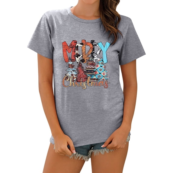 TWZH Women Merry Christmas Xmas Tree Print Round Neckline Tee