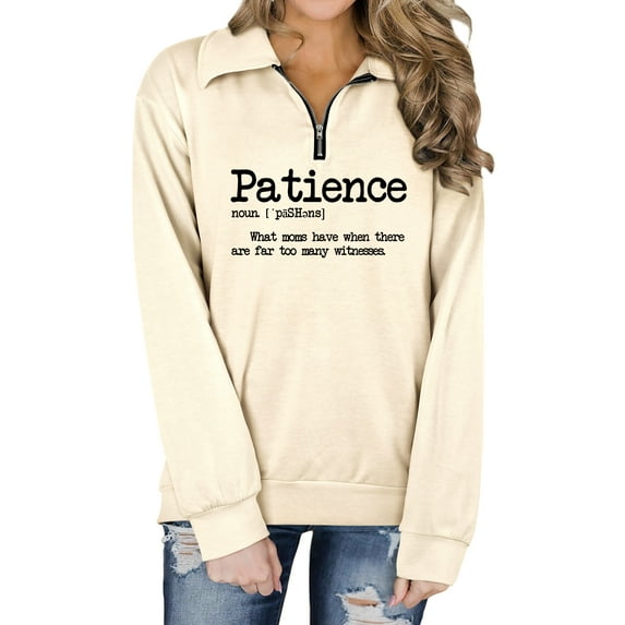 TWZH Women Patience Noun Lapel Collar Zipper Letter Sweatshirt Top