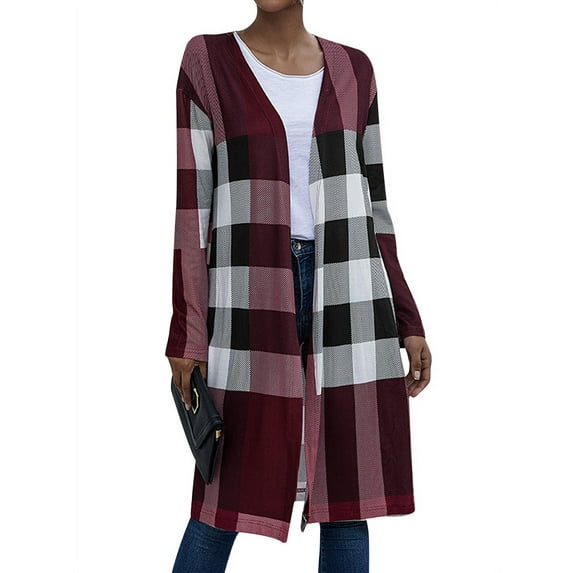 TWZH Women Plaid Print Long Sleeve Checkered Midi Cardigan Top