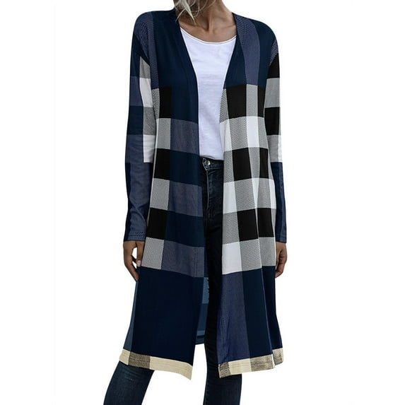 TWZH Women Plaid Print Long Sleeve Checkered Midi Cardigan Top