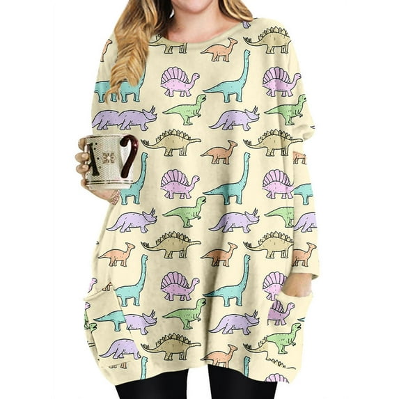 TWZH Women Plus Size Dinosaur Graphic Print Crew Neck Long Sleeve Pockets Blouse