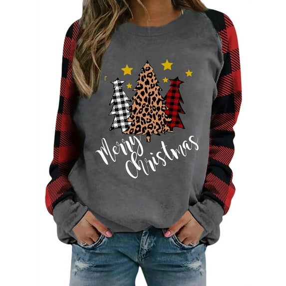 TWZH Women Red Plaid Christmas Tree Hat Print Crew Neck Shirt