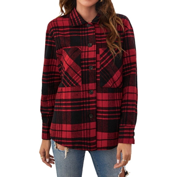 TWZH Women Red Plaid Lapel Collar Blouse Top with Pockets