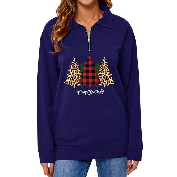 TWZH Women Red Plaid Merry Christmas Tree Print Zip Lapel Collar Shirt