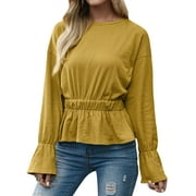 TWZH Women Ruching Trumpet Sleeve Solid Color Stretchy Round Neck Ribbed Blouse Tops