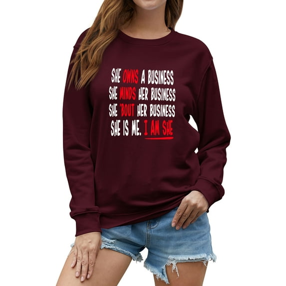 TWZH Women She Owns A Business She Minds Her Business Crew Neck Letter Sweatshirt