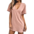 thumbnail image 1 of TWZH Women Solid Color Keyhole V Neck Short Sleeve Mid Length T-Shirt, 1 of 2