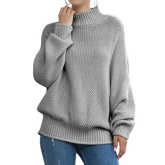 TWZH Women Solid Color Knitted Mock Neck Turtlenecks Oversized Sweater Tops