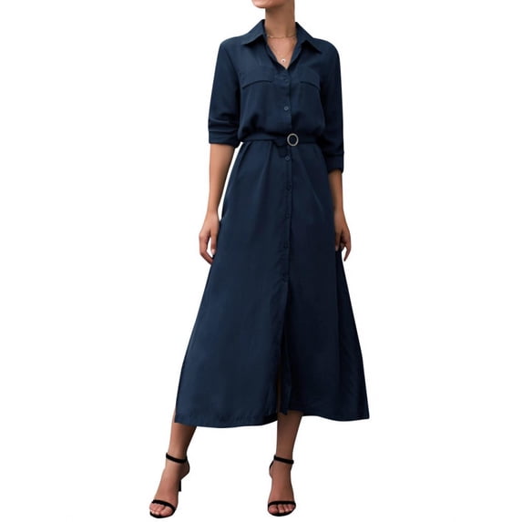 TWZH Women Solid Color Long Sleeves Buttons Lapel Collar Pockets Dress