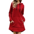 thumbnail image 1 of TWZH Women Solid Color Pocket Curved Hem Drawstring Sweatshirt Hoodies Mini Dress, 1 of 3