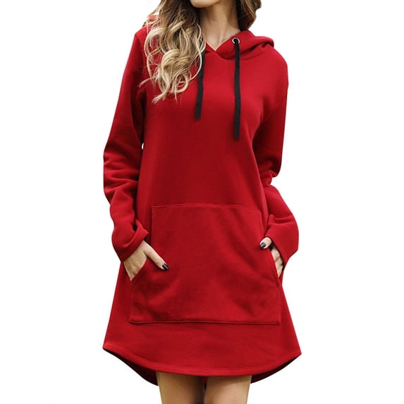 TWZH Women Solid Color Pocket Curved Hem Drawstring Sweatshirt Hoodies Mini Dress