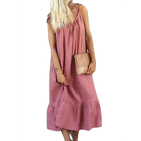 TWZH Women Solid Color Ruffle Sling Spaghetti Strap Maxi Dress