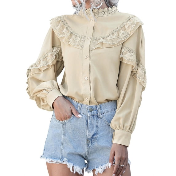 TWZH Women Stand Neck Buttons Lantern Sleeve Lace Splicing Shirt Blouse Tops