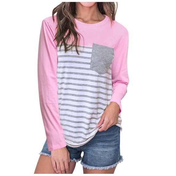 TWZH Women Stripes Patchwork Pocket Front Tee Shirt Long Sleeve Stylish Tops