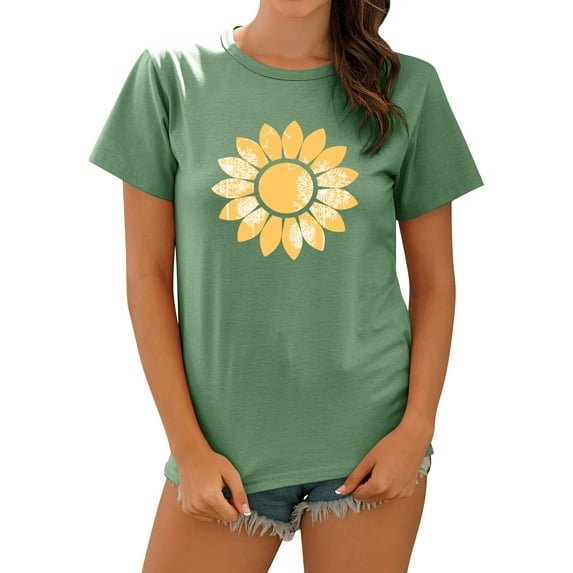 TWZH Women Sunflower Print Crew Neck Casual Simple Pullover Short Sleeve T-Shirt Tops