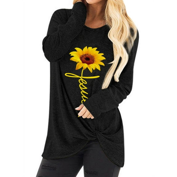 TWZH Women Sunflower Printed Crew Neck Knotted Hem Long Sleeve T-Shirts Tops
