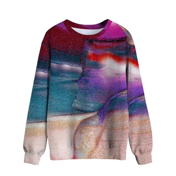 TWZH Women Textures 3D Graphic Print Crew Neck Loose Sweatshirt Top