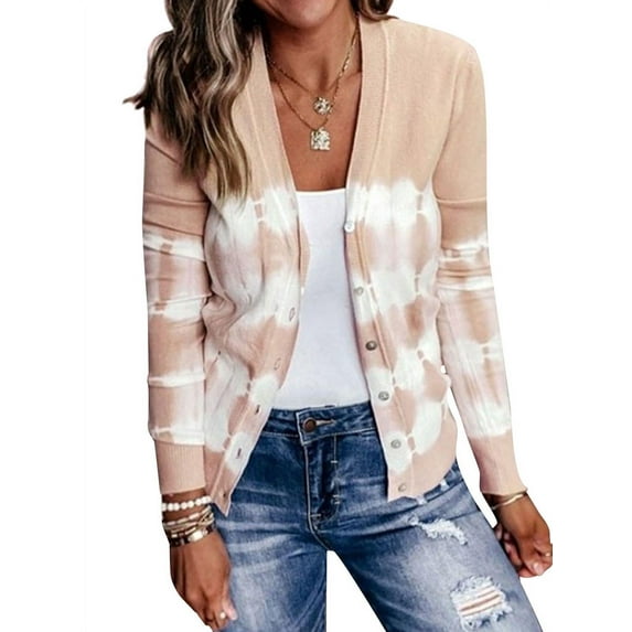 TWZH Women Tie Dye Lightweight Single-breasted Contrast Color Knit Cardigan Tops