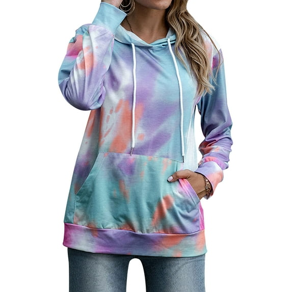 TWZH Women Tie Dye Printed Hooded Pullover Long Sleeved Loose Pocket Hoodies Tops