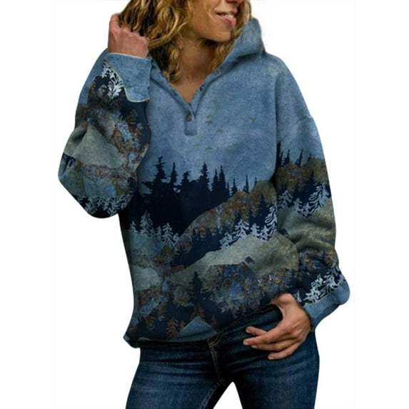 TWZH Women Traditional Landscape Painting Mountain Forest Printed Hoodie Tops